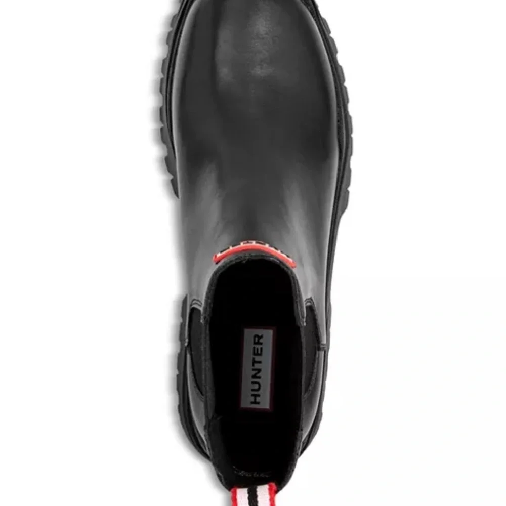 Hunter Black Leather Chelsea Rain Boot with Red Trim